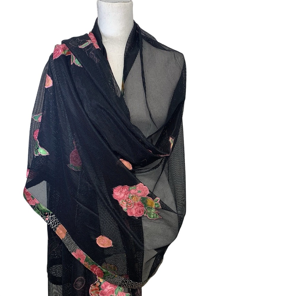 Black Mesh Wrap Shaw Pink Floral Satin Trim Long Boho Western  Lagenlook 37" 95"